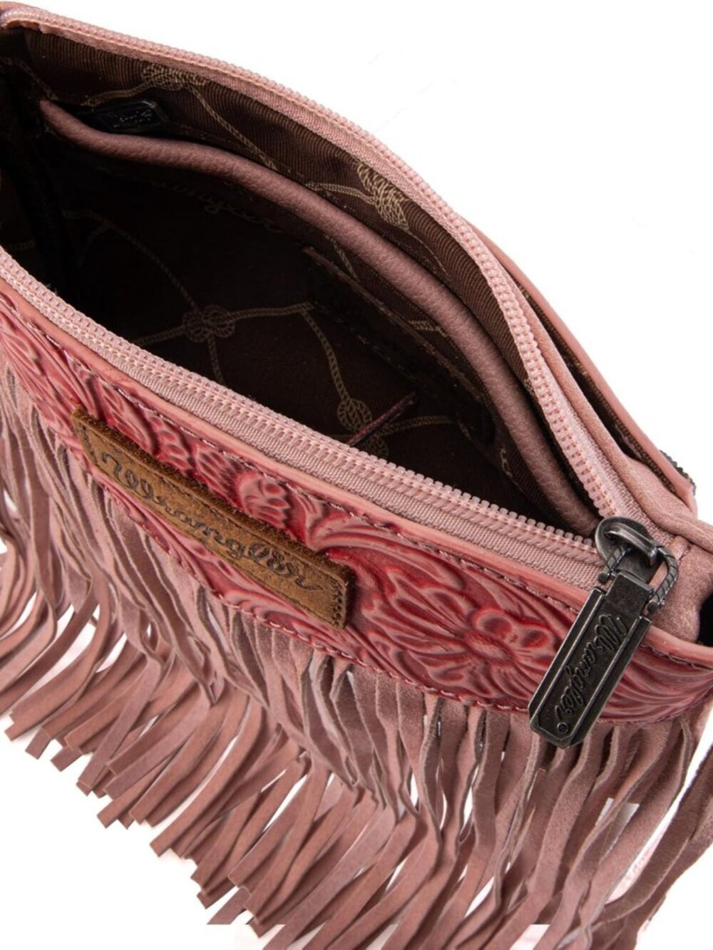 Women's Angel Peach Wrangler Small Purse Imported Wristlet Fringe Crossbody Bag - Picture 5 of 6